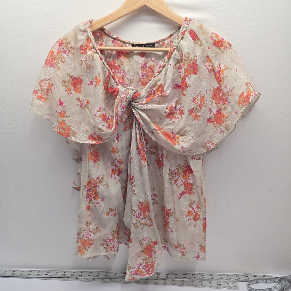 Pure Sugar Floral Knot Front Flutter Sleeve Blouse Braided Trim Top Cream Orange